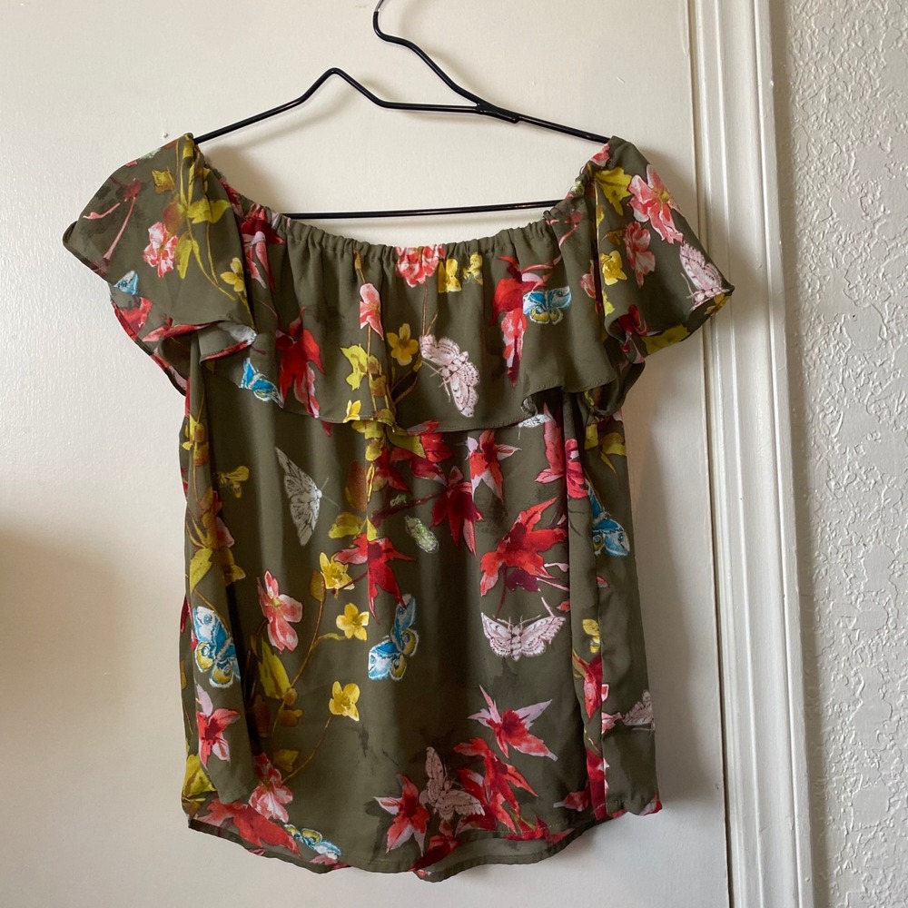 Maeve Anthropologie Floral Print Off The Shoulder Ruffle‎ Top Blouse Olive Green